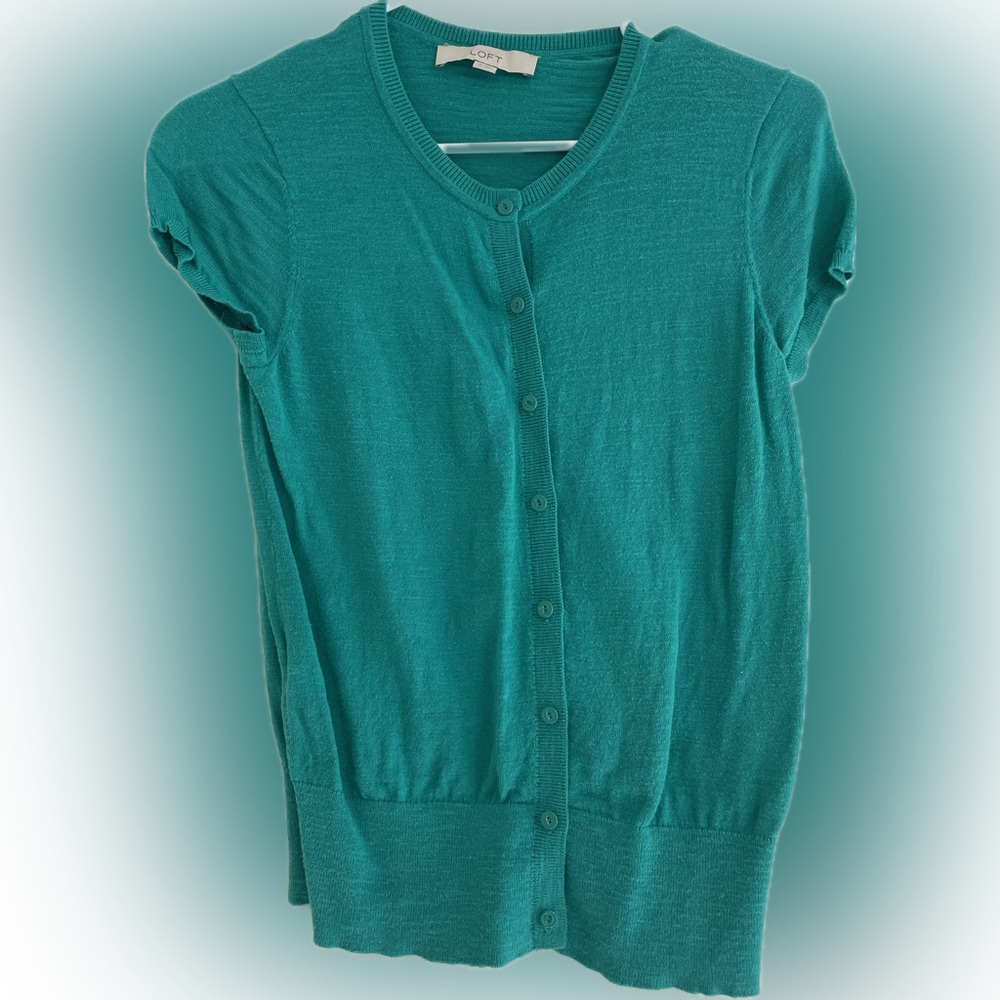 LOFT Green Cotton Short-Sleeve Button Cardigan